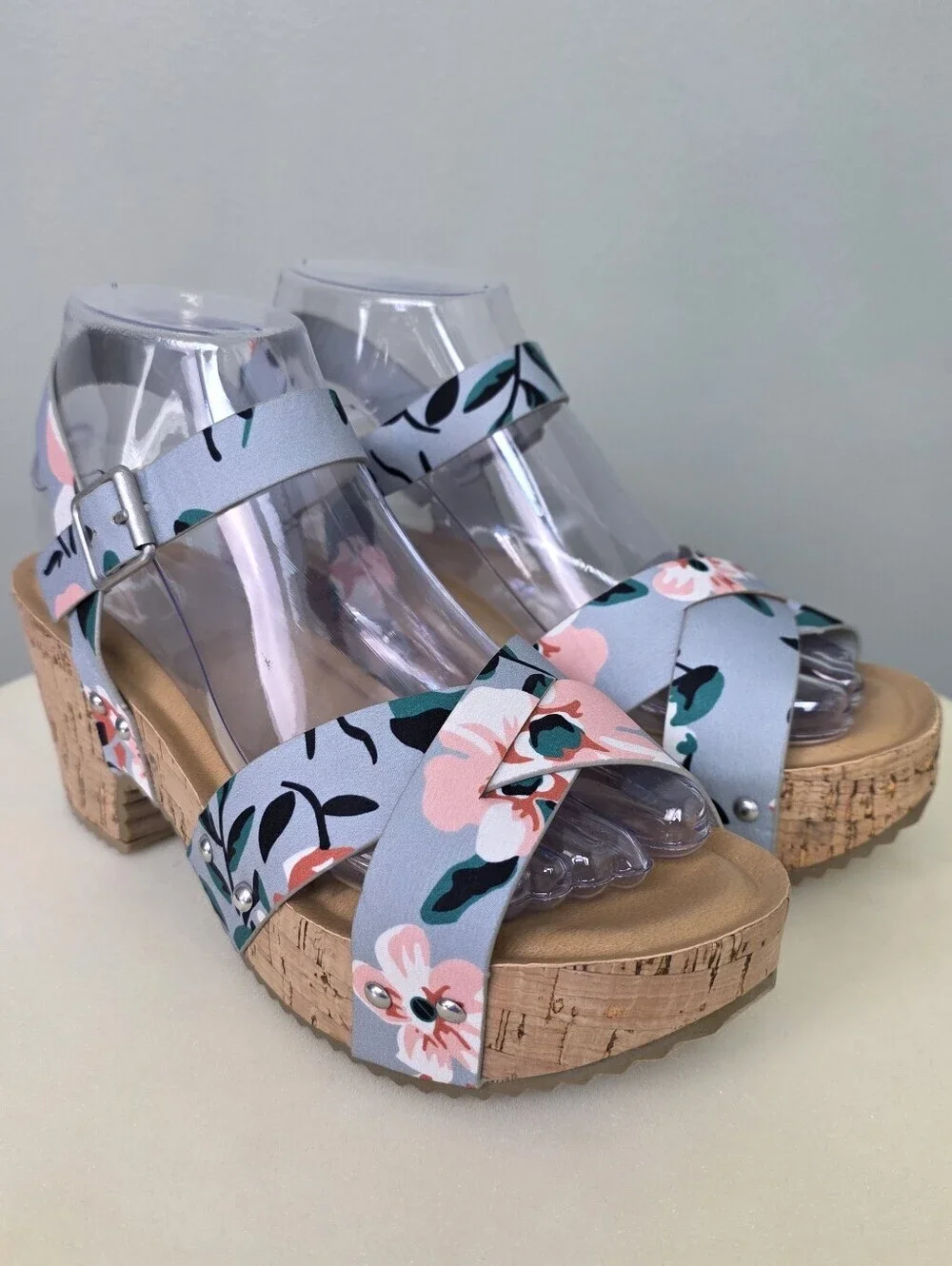 Journee Collection Valentina Floral Platform Sandals Cork Block Heel Sz 7.5 NEW